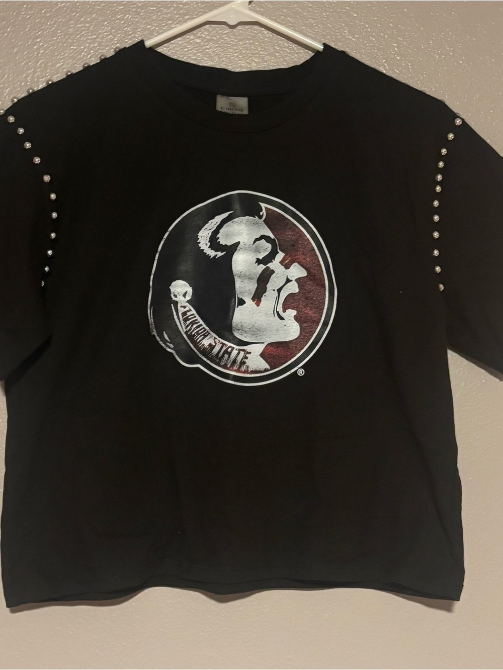 Two Women’s cropped Black Florida State Seminoles Logo Tee with Stud Detail